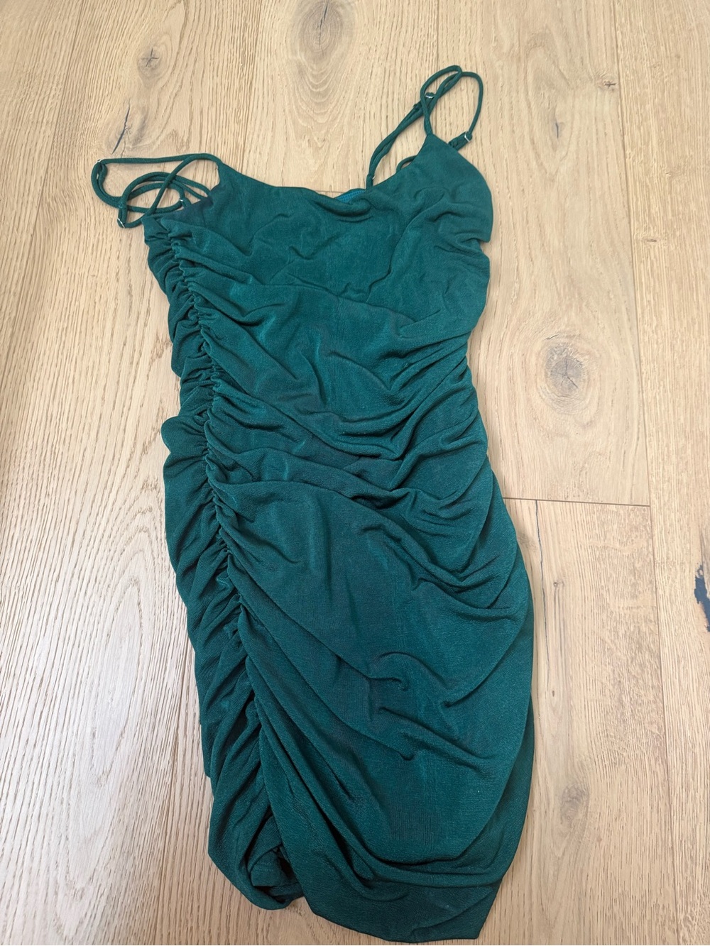 Lucy in the Sky Emerald Green Ruched Spaghetti Strap Mini Dress